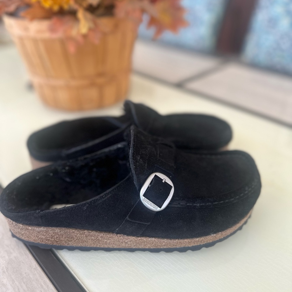 Birkenstock Black Suede Clog with Silver Buckle